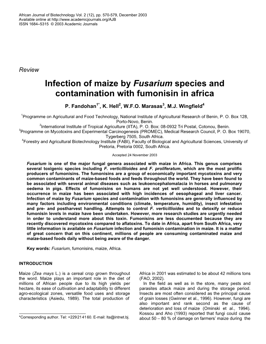 Infection of Maize by Fusarium Species and Contamination with Fumonisin in Africa