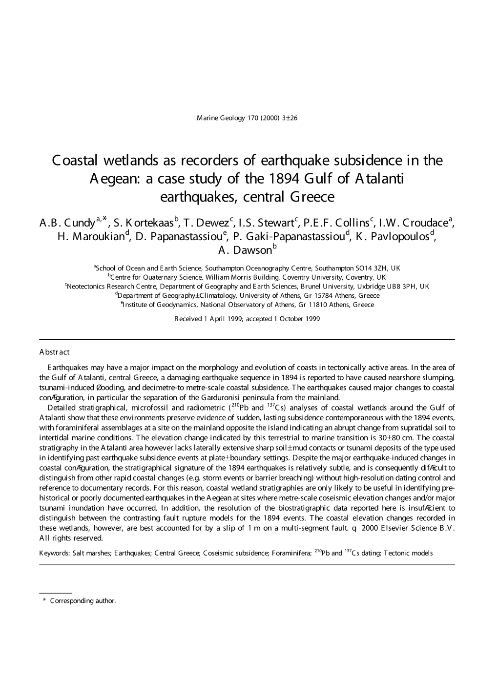 Coastal Wetlands As Recorders of Earthquake Subsidence in the Aegean: a Case Study of the 1894 Gulf of Atalanti Earthquakes, Central Greece