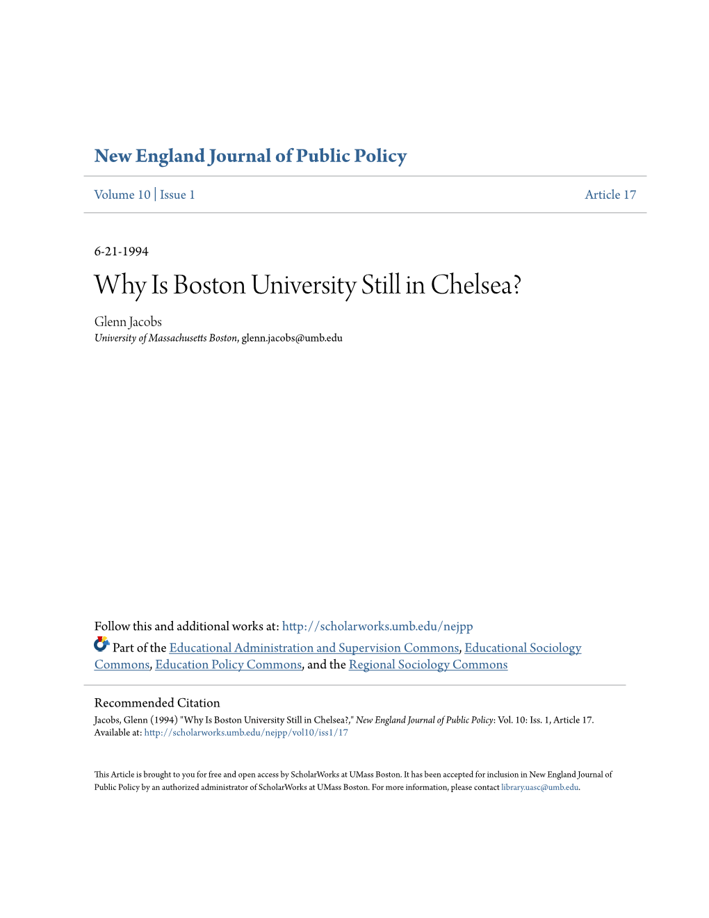 Why Is Boston University Still in Chelsea? Glenn Jacobs University of Massachusetts Boston, Glenn.Jacobs@Umb.Edu