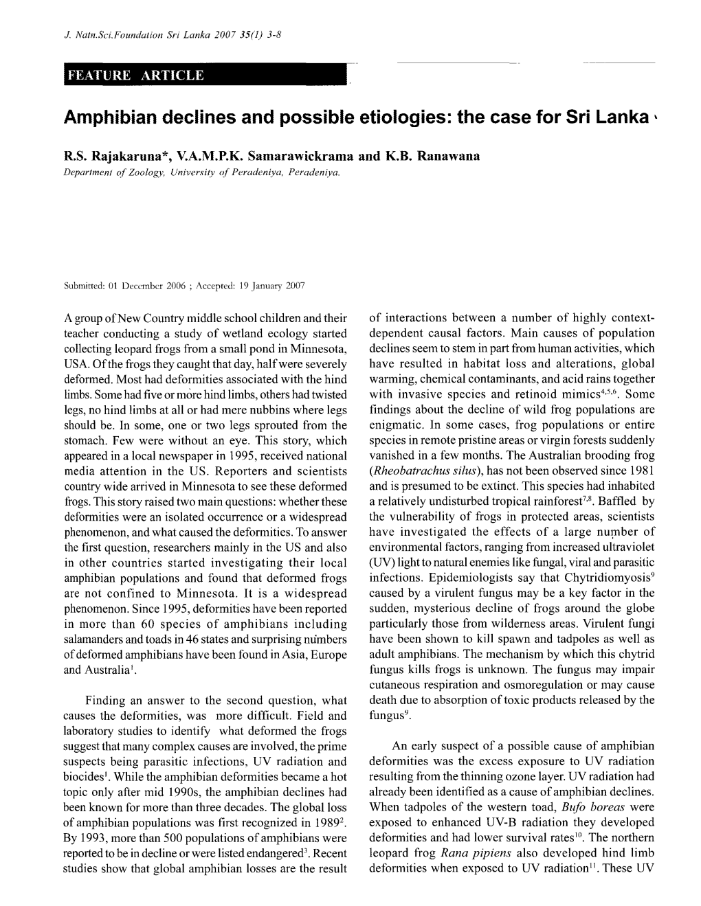 Amphibian Declines and Possible Etiologies: the Case for Sri Lanka *