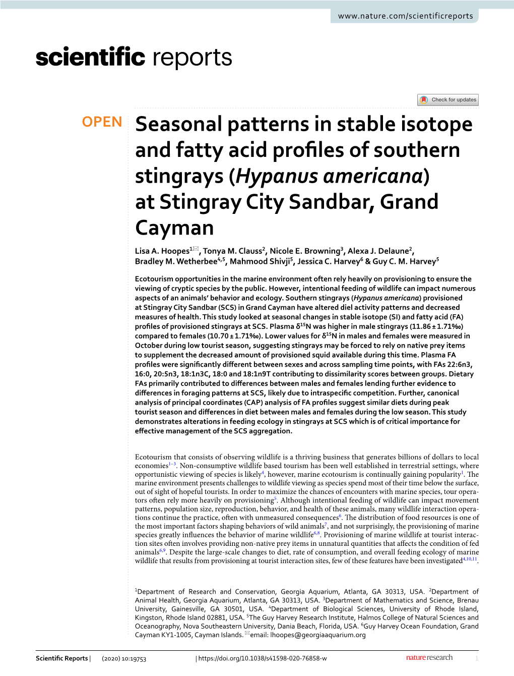 Seasonal Patterns in Stable Isotope and Fatty Acid Profiles Of