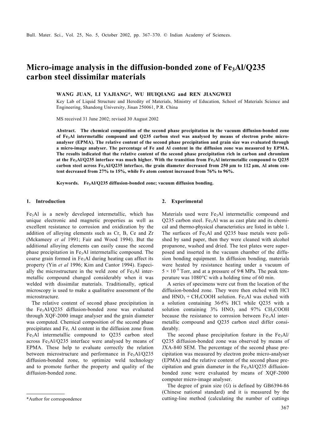 Micro-Image Analysis in the Diffusion-Bonded Zone of Fe3al/Q235 Carbon Steel Dissimilar Materials