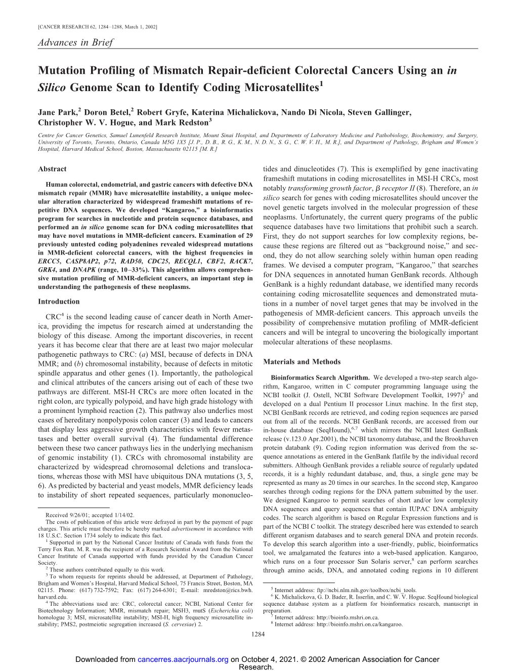 Mutation Profiling of Mismatch Repair-Deficient Colorectal Cancers Using an in Silico Genome Scan to Identify Coding Microsatellites1