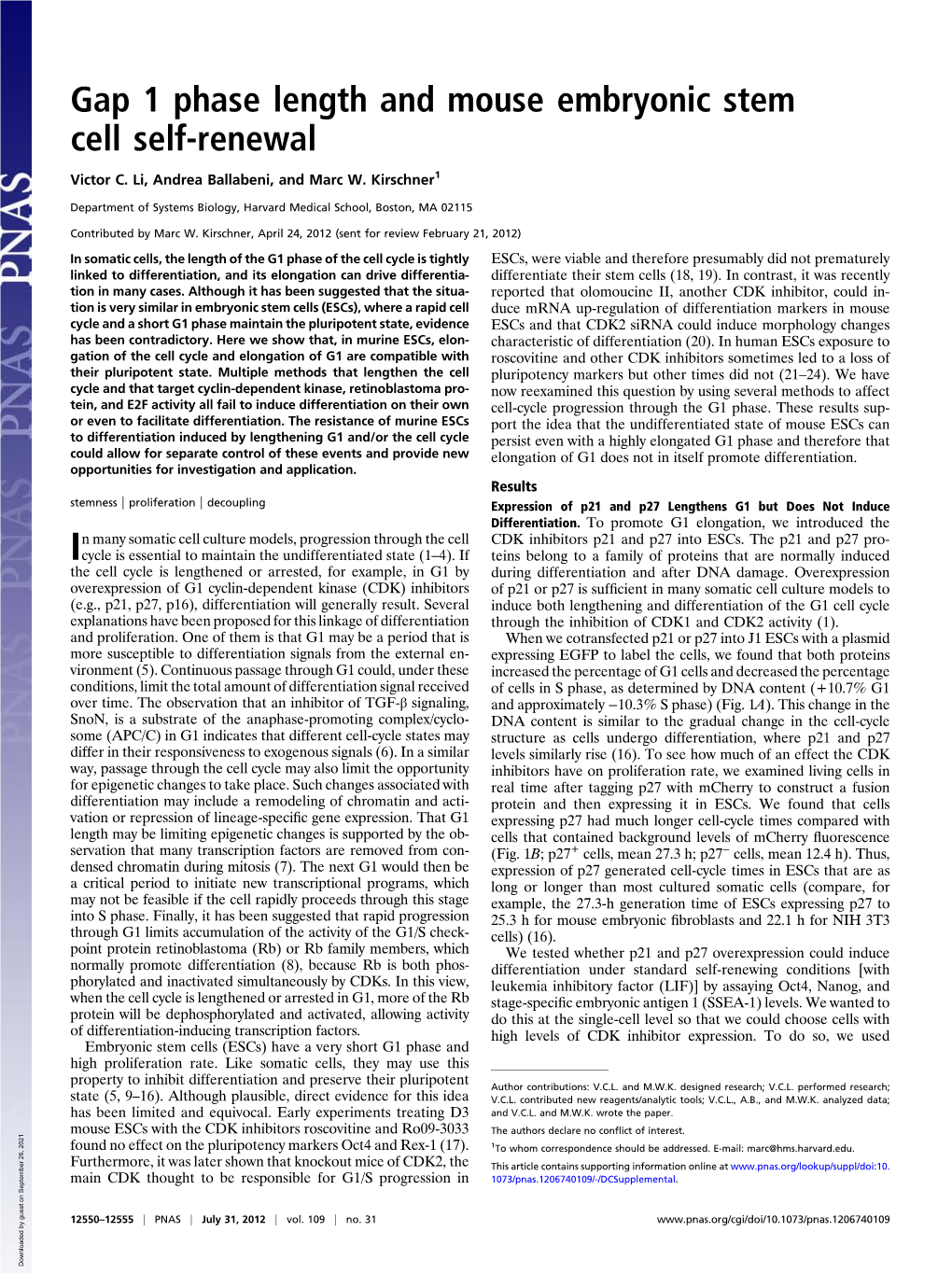 Gap 1 Phase Length and Mouse Embryonic Stem Cell Self-Renewal