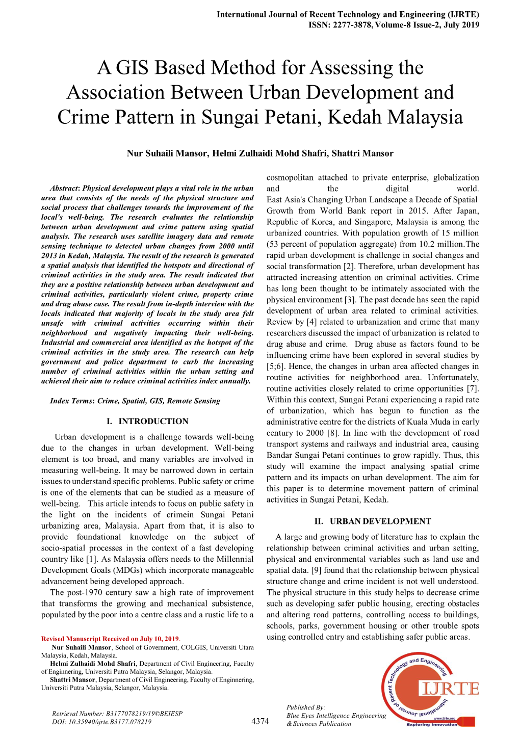 A GIS Based Method for Assessing the Association Between Urban Development and Crime Pattern in Sungai Petani, Kedah Malaysia