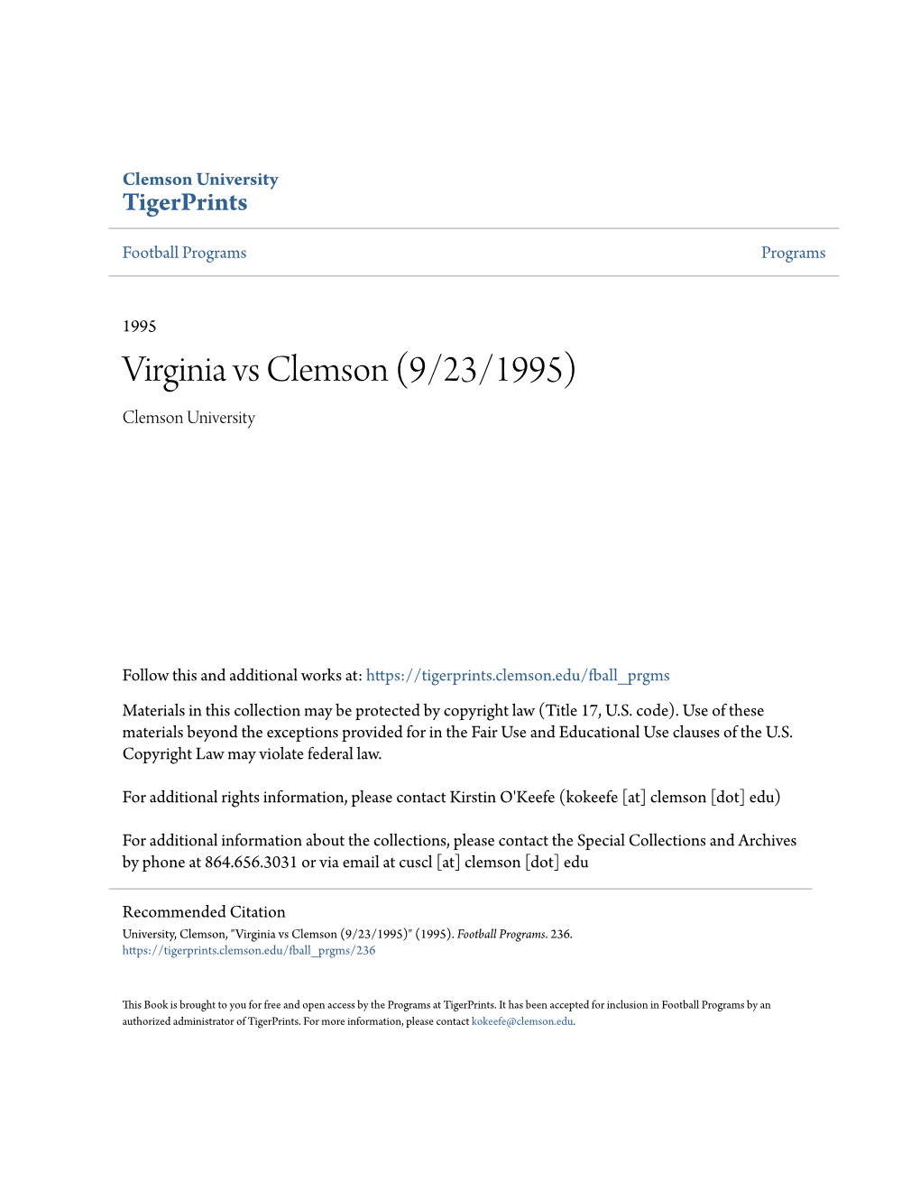 Virginia Vs Clemson (9/23/1995) Clemson University