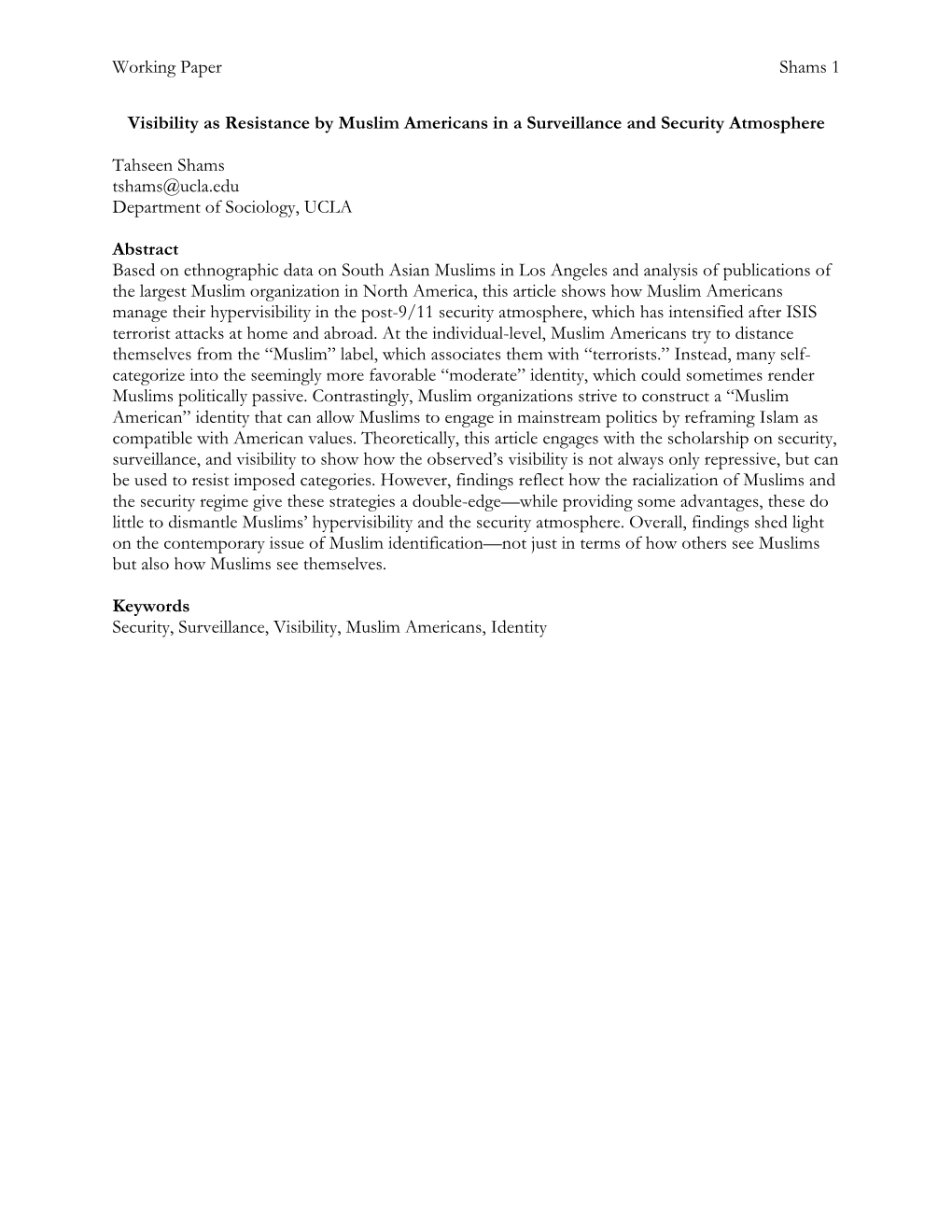 Working Paper Shams 1 Visibility As Resistance by Muslim Americans in a Surveillance and Security Atmosphere Tahseen Shams Tsham