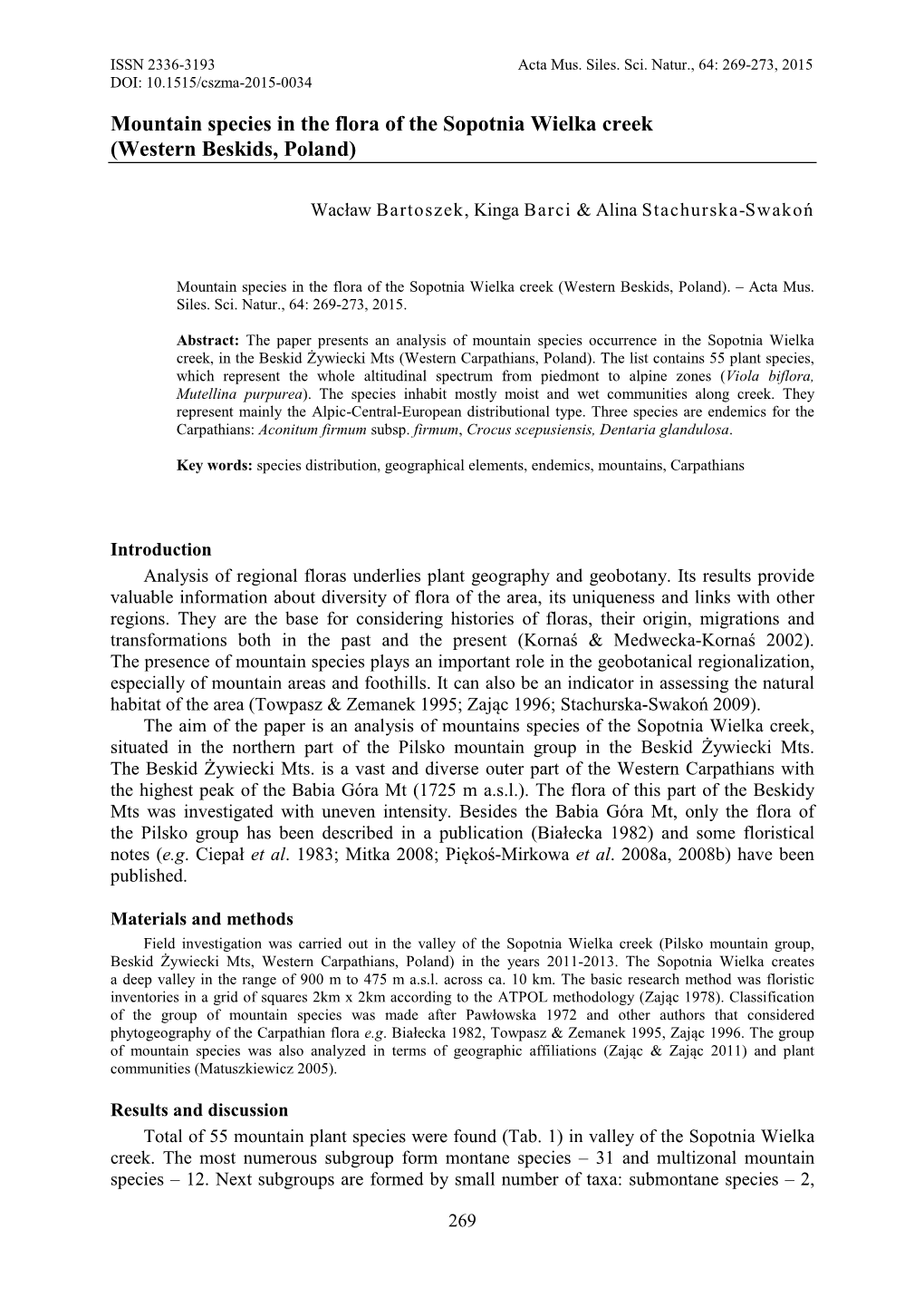 Mountain Species in the Flora of the Sopotnia Wielka Creek (Western Beskids, Poland)