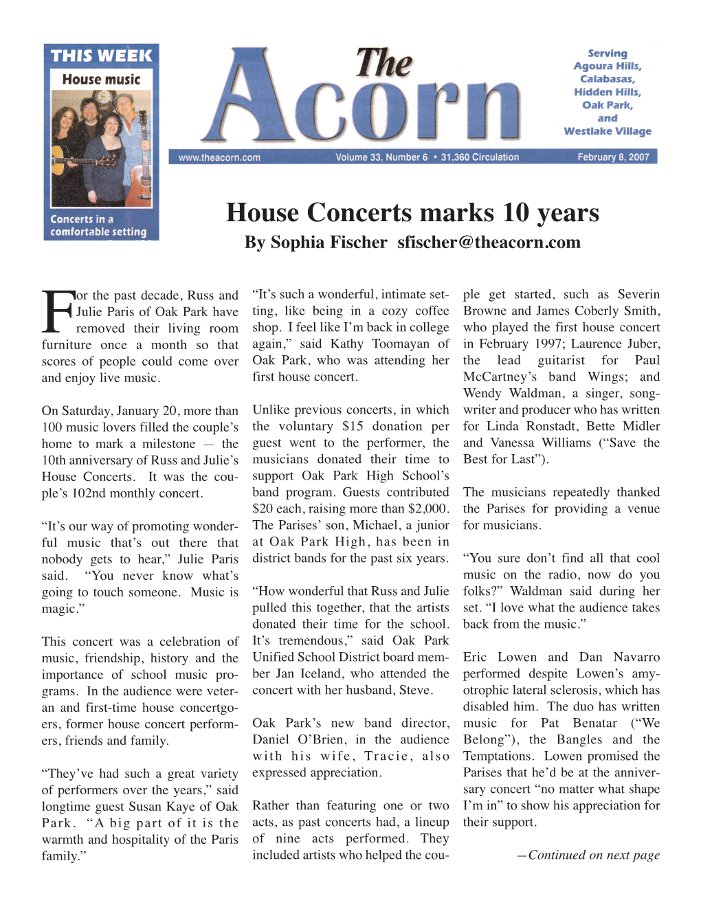 The Acorn Coverage of Our 10Th Anniversary House Concert