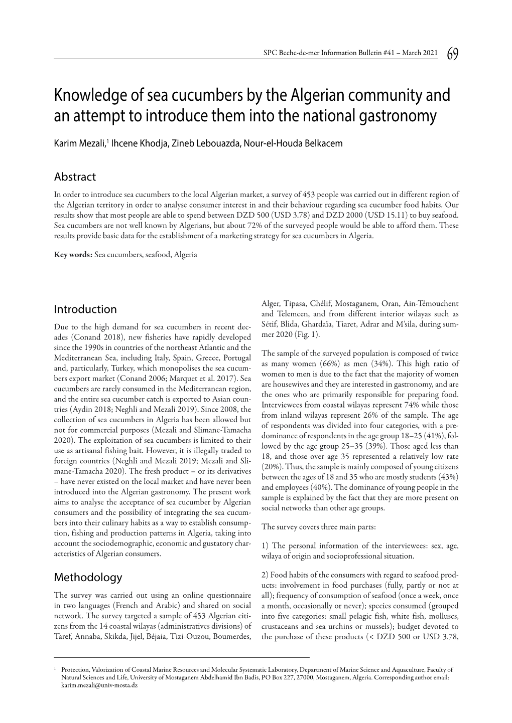 Knowledge of Sea Cucumbers by the Algerian Community and an Attempt to Introduce Them Into the National Gastronomy