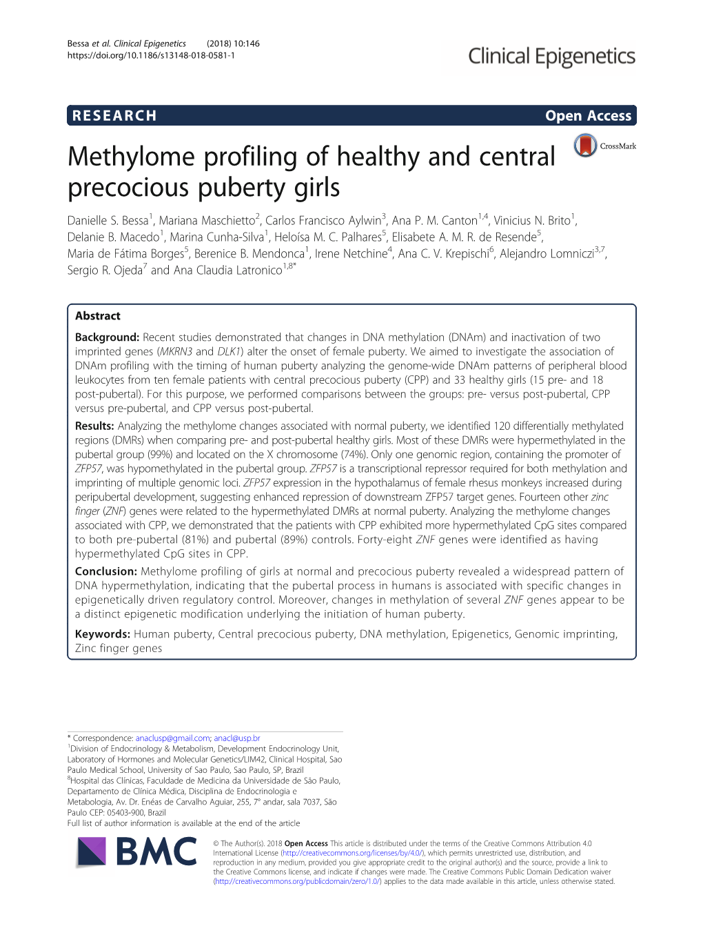 Methylome Profiling of Healthy and Central Precocious Puberty Girls Danielle S