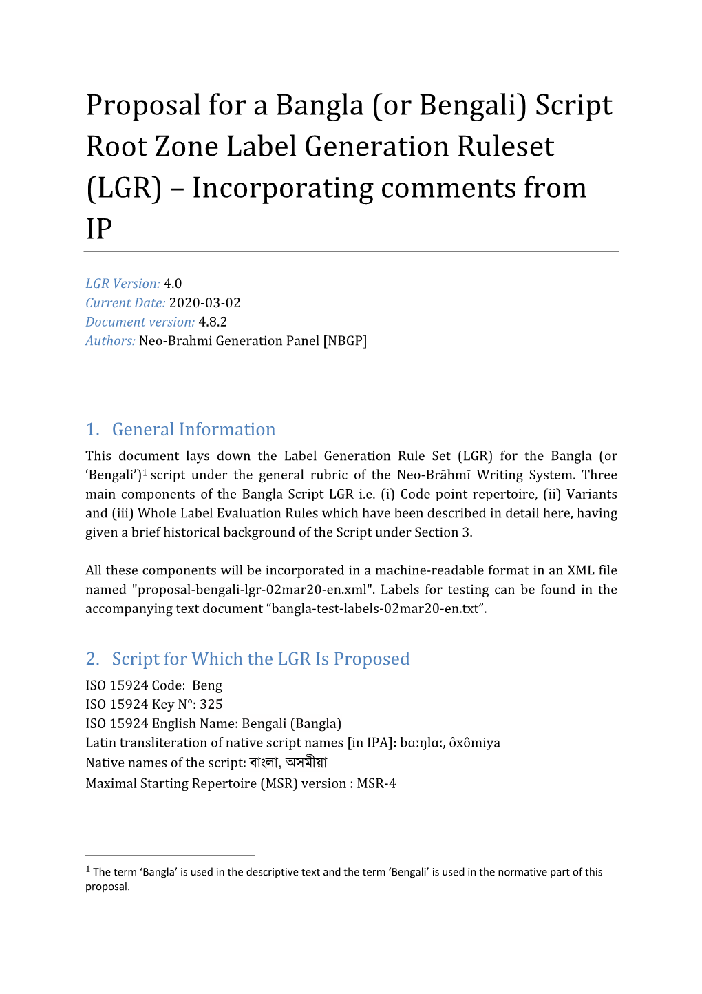 Proposal for a Bangla (Or Bengali) Script Root Zone Label Generation Ruleset (LGR) – Incorporating Comments from IP