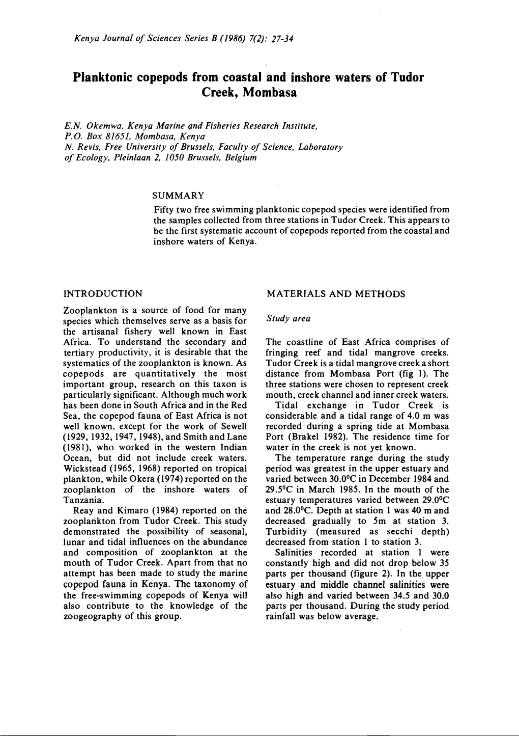 Planktonic Copepods from Coastal and Inshore Waters of Tudor Creek, Mombasa