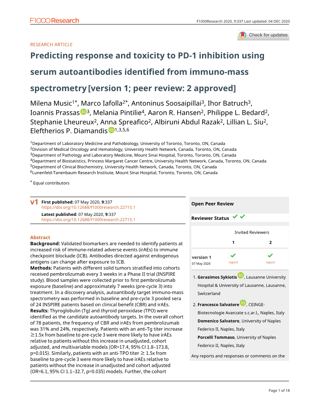 Predicting Response and Toxicity to PD-1 Inhibition Using Serum Autoantibodies Identified from Immuno-Mass Spectrometry [Version 1; Peer Review: 2 Approved]