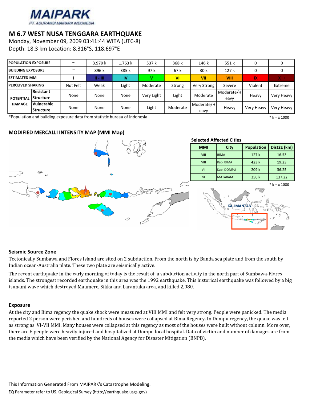 M 6.7 WEST NUSA TENGGARA EARTHQUAKE Monday, November 09, 2009 03:41:44 WITA (UTC-8) Depth: 18.3 Km Location: 8.316°S, 118.697°E