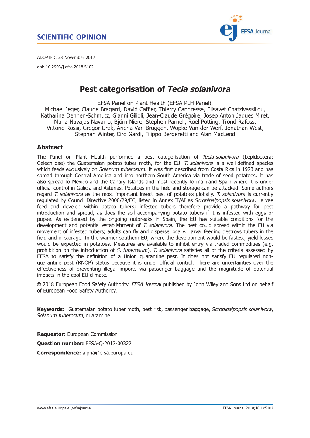 Pest Categorisation of Tecia Solanivora