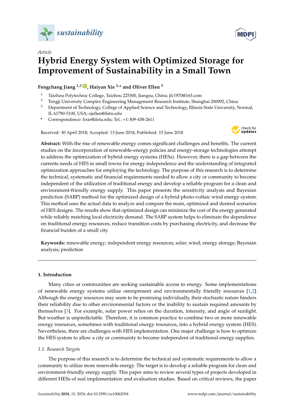 Hybrid Energy System with Optimized Storage for Improvement of Sustainability in a Small Town