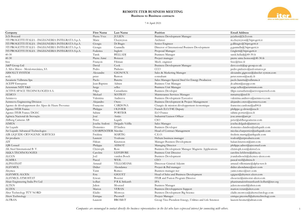 REMOTE ITER BUSINESS MEETING Business to Business Contacts Companies Are Encouraged to Contact Directly the Business Representat