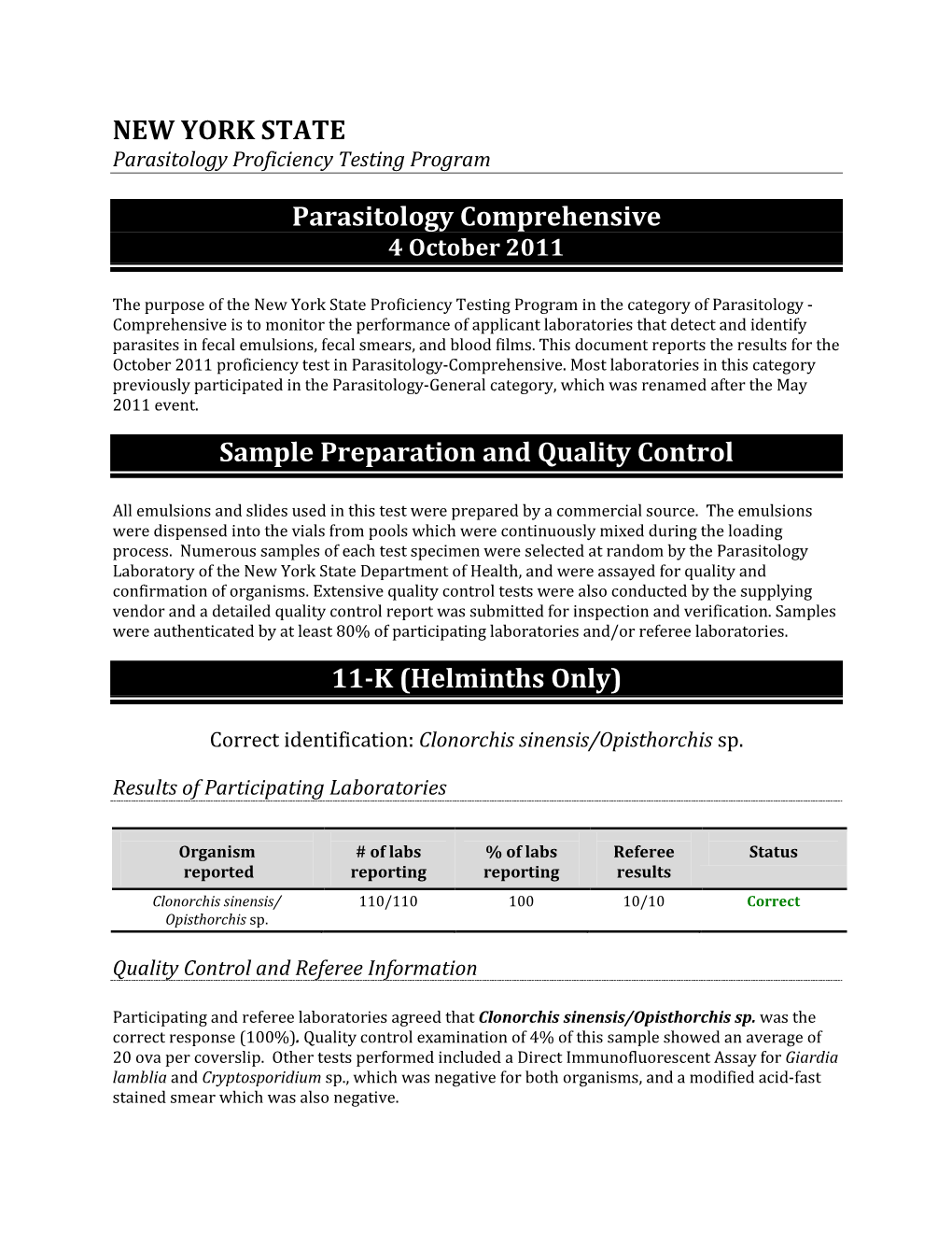 NEW YORK STATE Parasitology Comprehensive Sample Preparation and Quality Control 11-K (Helminths Only)