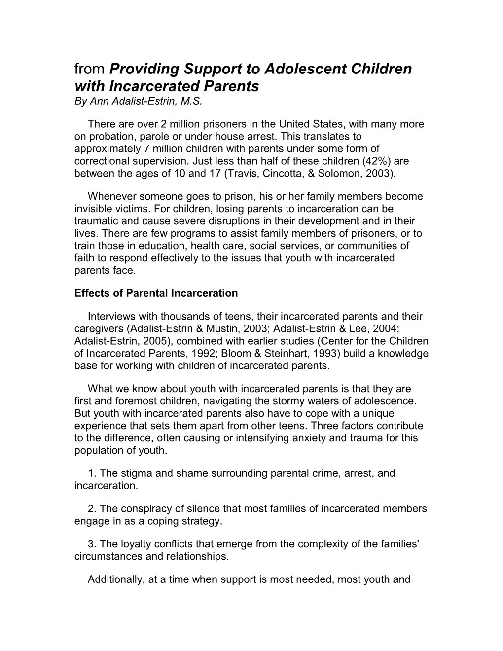 From Providing Support to Adolescent Children with Incarcerated Parents