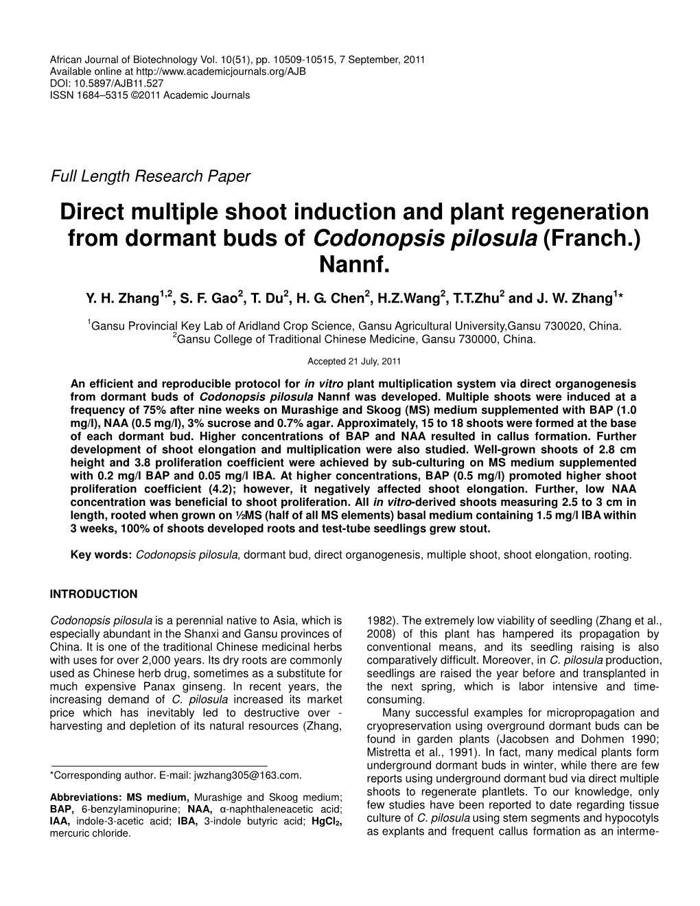 Direct Multiple Shoot Induction and Plant Regeneration from Dormant Buds of Codonopsis Pilosula (Franch.) Nannf