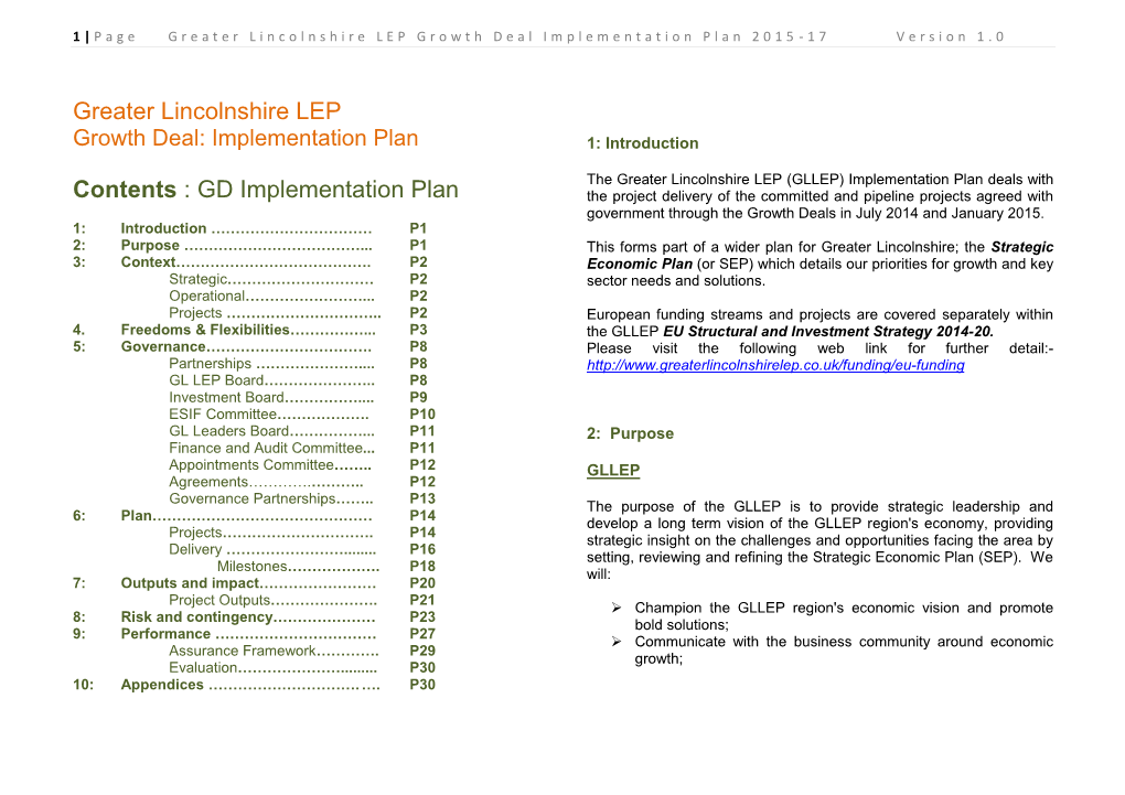 GD Implementation Plan the Project Delivery of the Committed and Pipeline Projects Agreed with Government Through the Growth Deals in July 2014 and January 2015