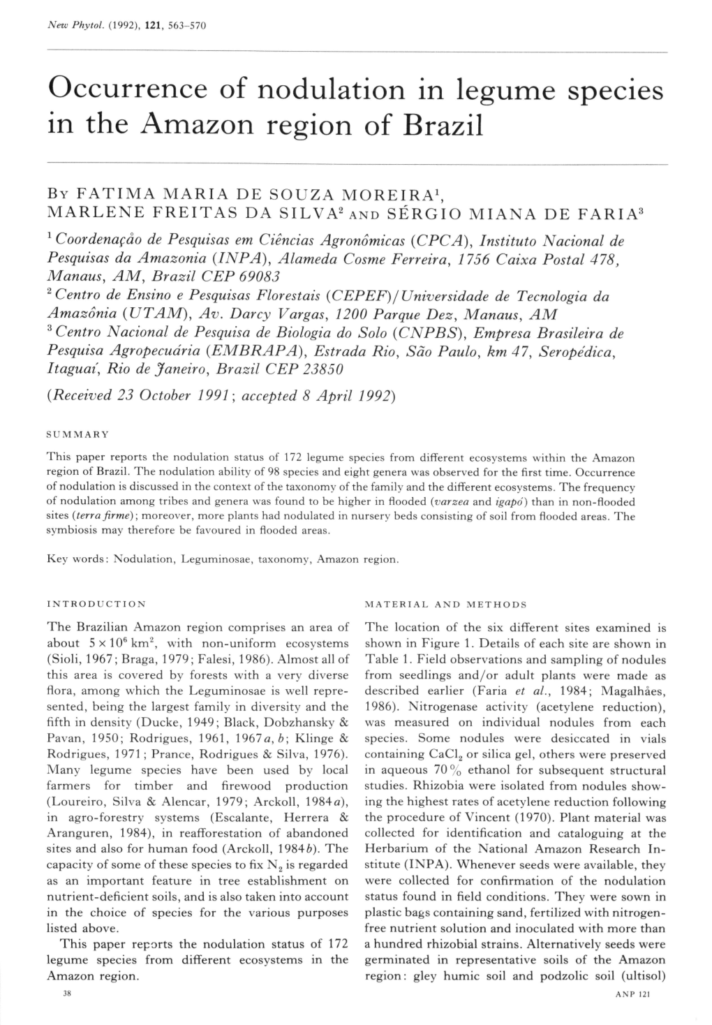 Occurrence of Nodulation in Legume Species in the Amazon Region of Brazil