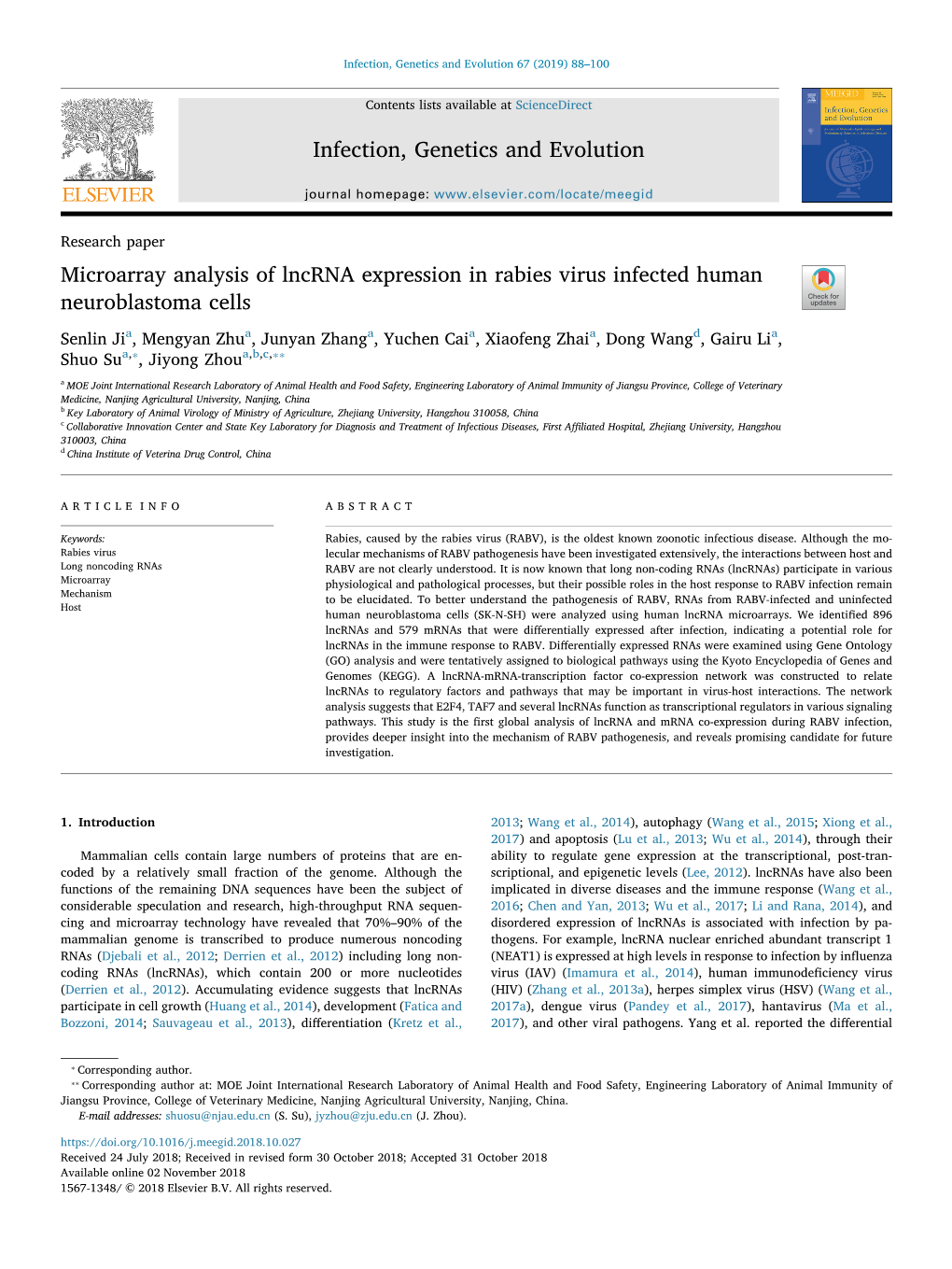 Microarray Analysis of Lncrna Expression in Rabies Virus Infected Human Neuroblastoma Cells T