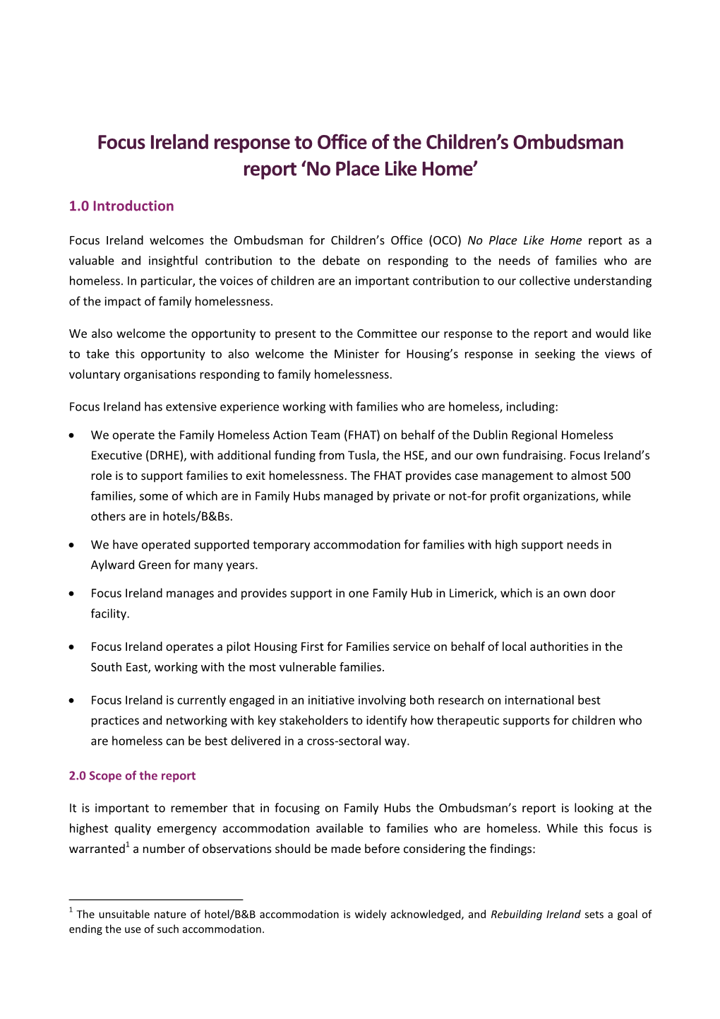Submissions on the Impact of Homelessness on Children