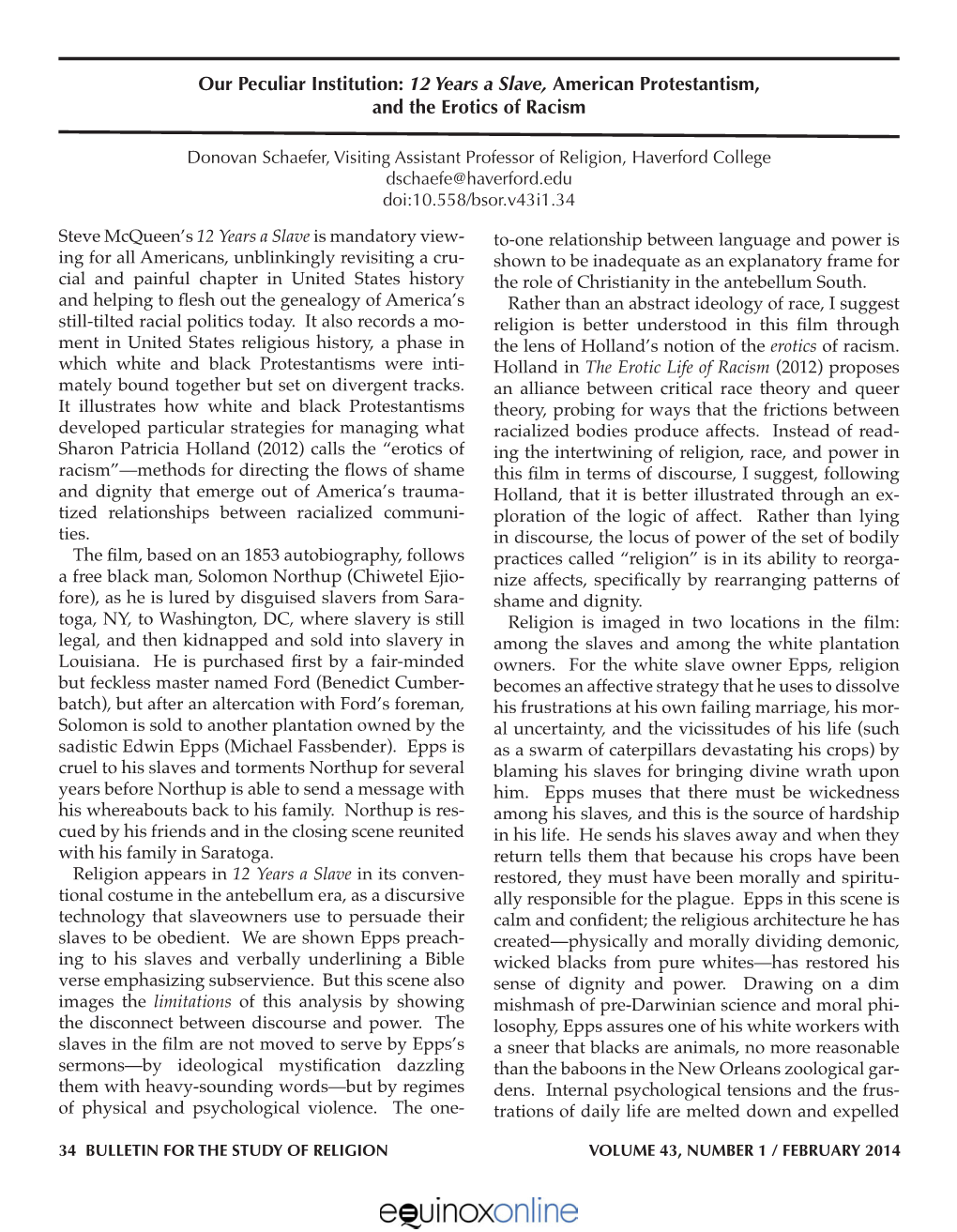 Our Peculiar Institution: 12 Years a Slave, American Protestantism, and the Erotics of Racism