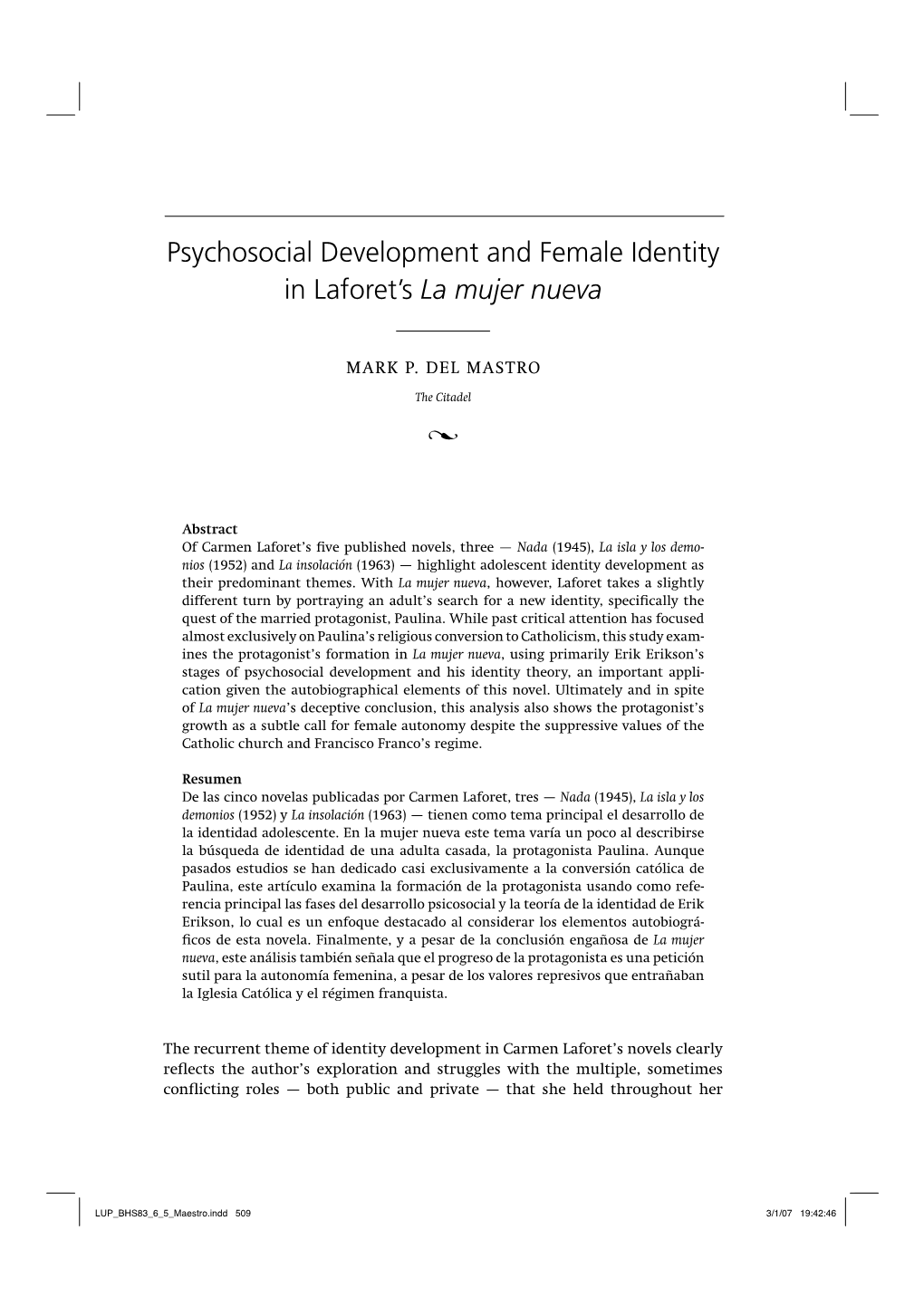 Psychosocial Development and Female Identity in Laforet's La