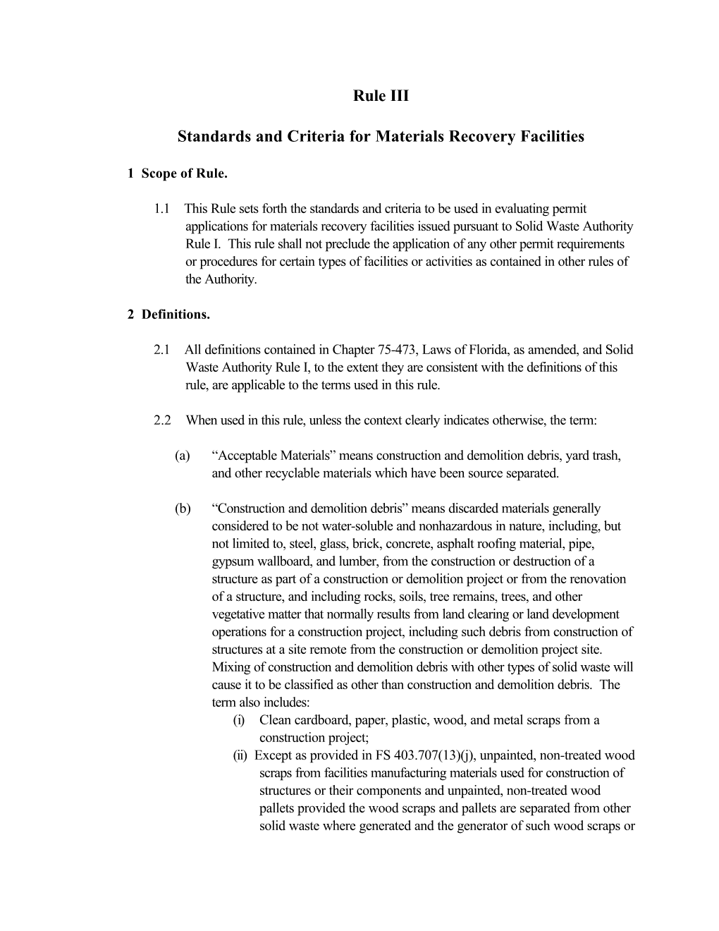 Rule III Standards and Criteria for Materials Recovery Facilities