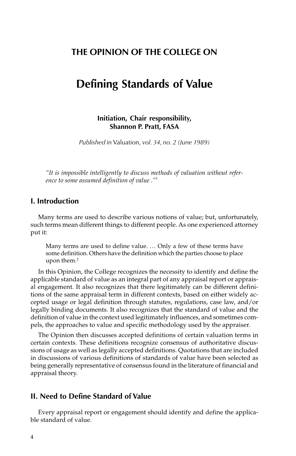 Defining Standards of Value