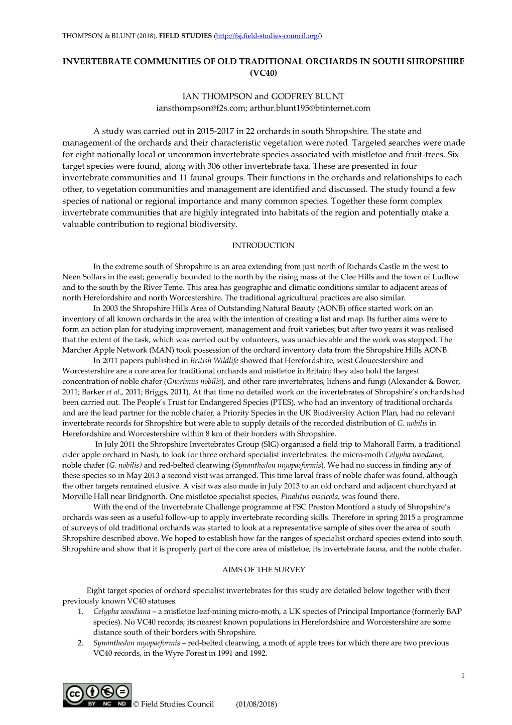 Invertebrate Communities of Old Traditional Orchards in South Shropshire (Vc40)