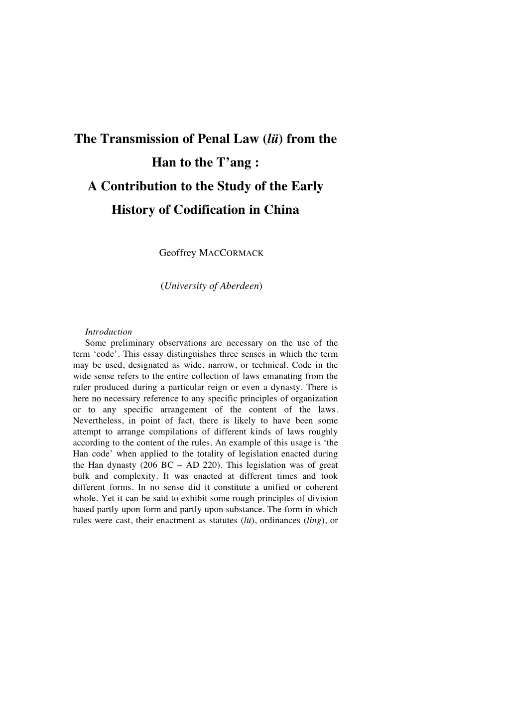 The Transmission of Penal Law (Lü) from the Han to the T'ang : A