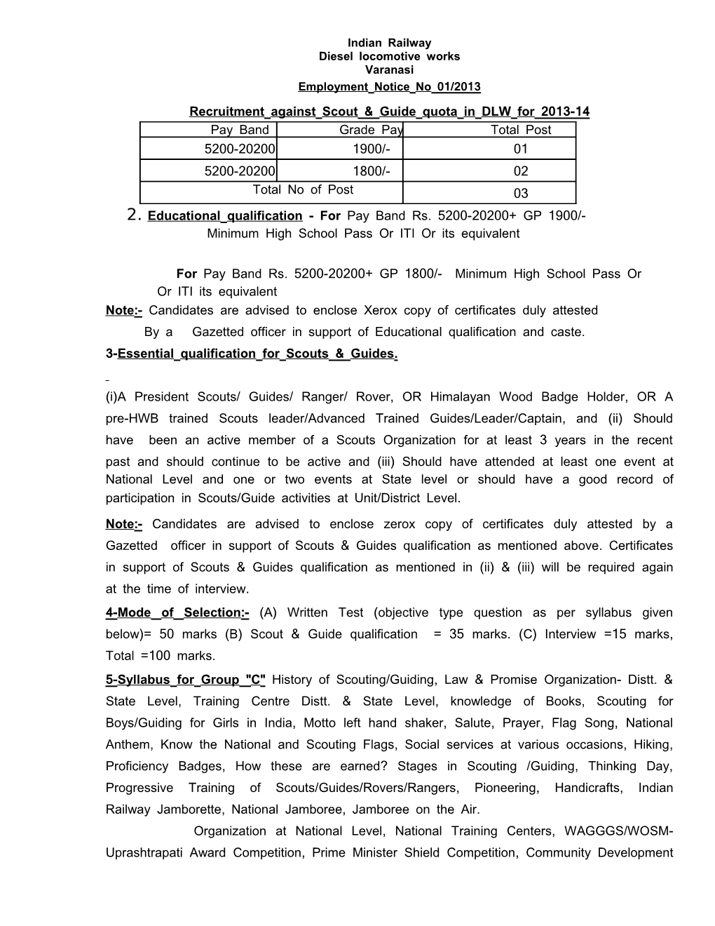 Recruitment Against Scout & Guide Quota in DLW for 2013-14