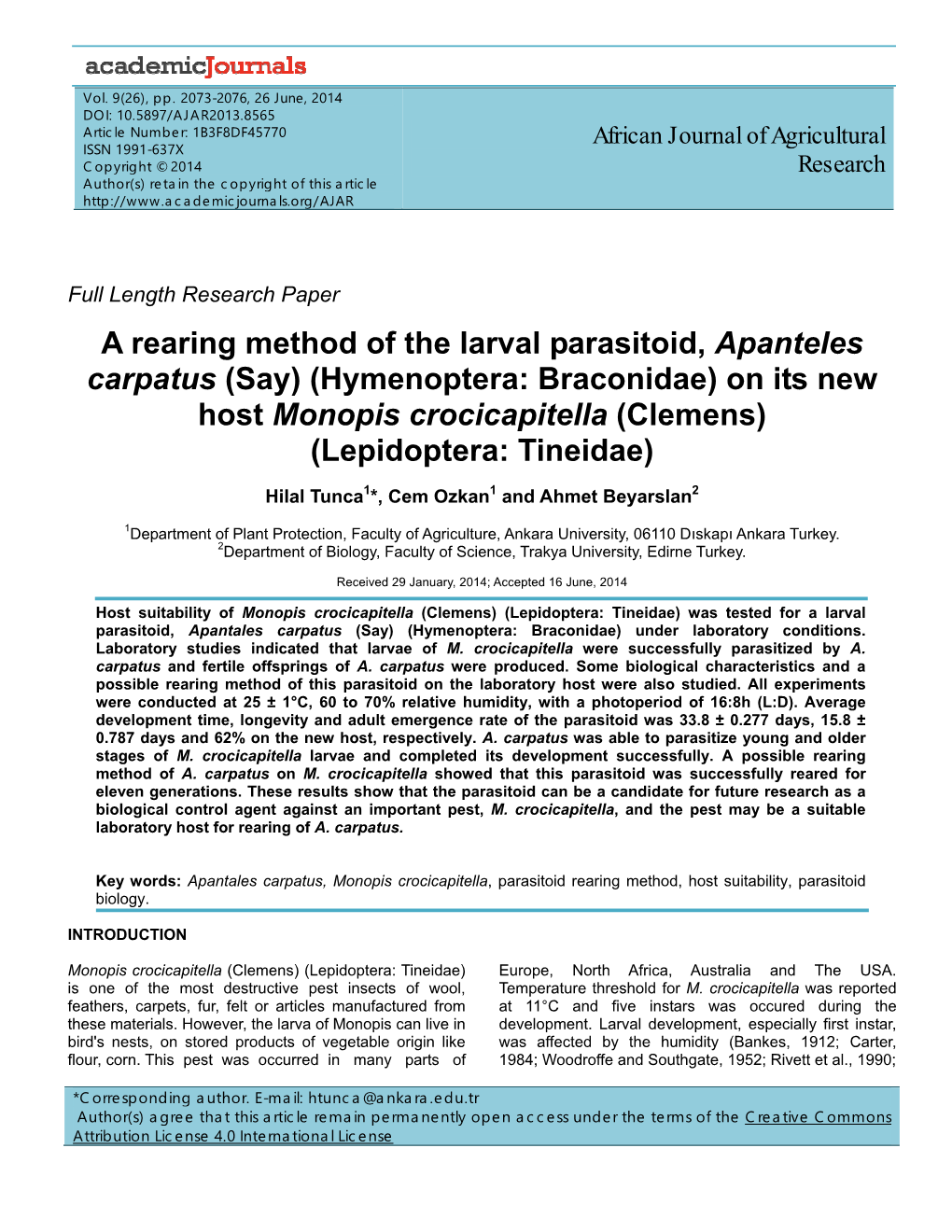 A Rearing Method of the Larval Parasitoid, Apanteles Carpatus