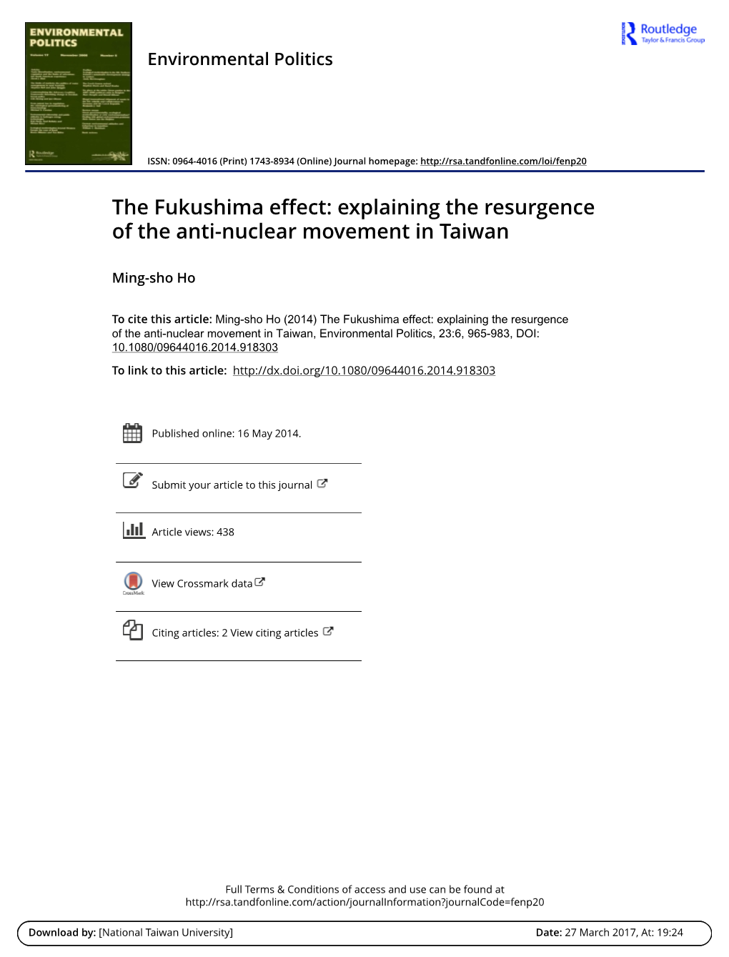 The Fukushima Effect: Explaining the Resurgence of the Anti-Nuclear Movement in Taiwan