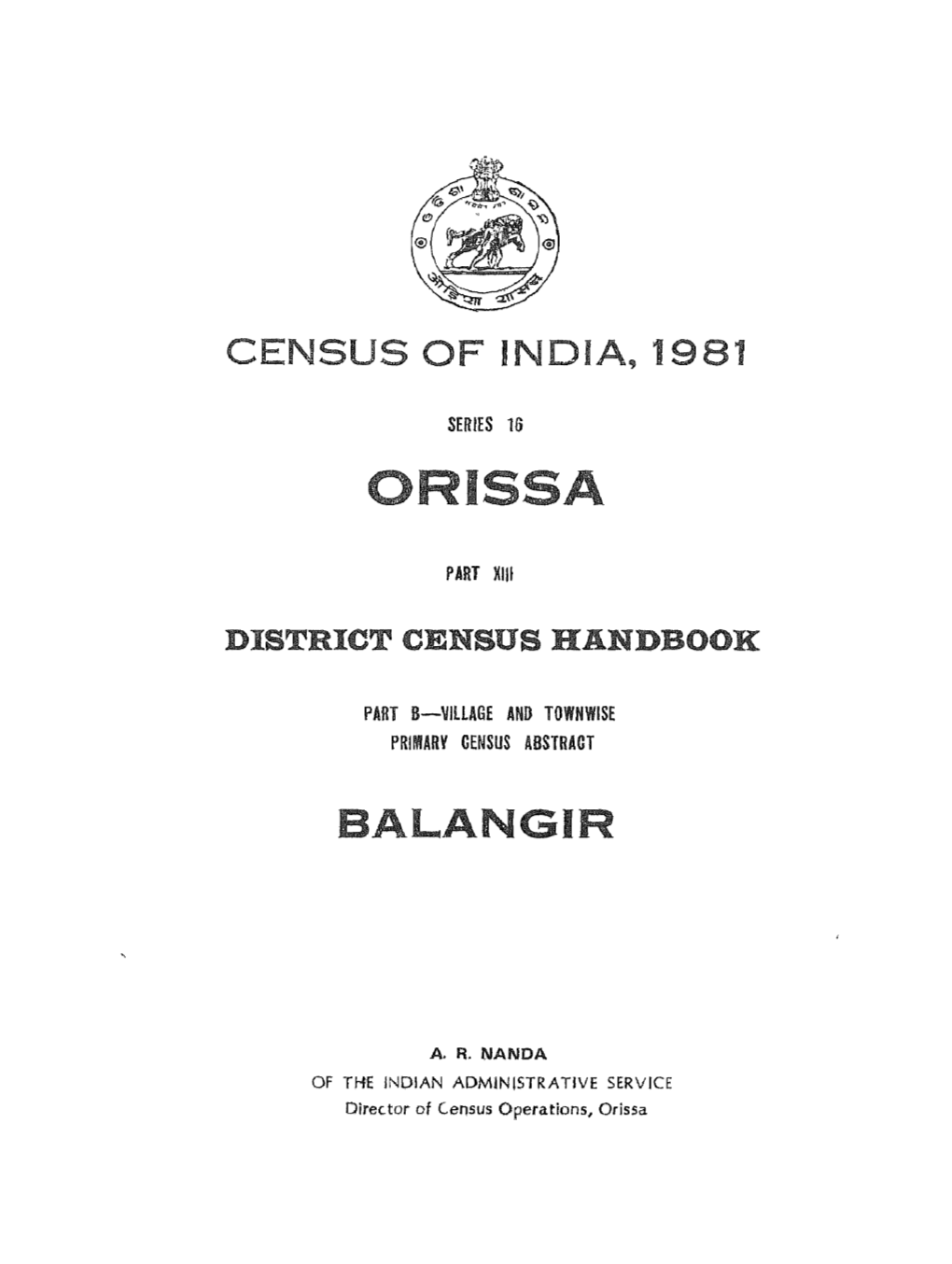 Village and Townwise Primary Census Abstract, Balangir, Part-B, Series-16, Orissa