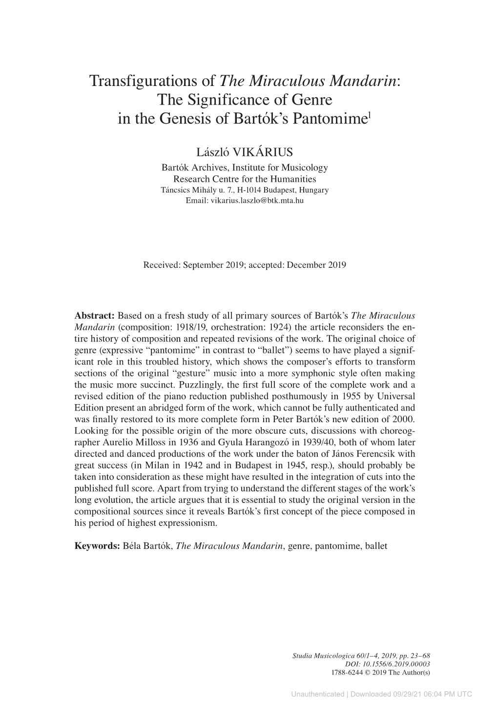 Transfigurations of the Miraculous Mandarin: the Significance of Genre in the Genesis of Bartók’S Pantomime1