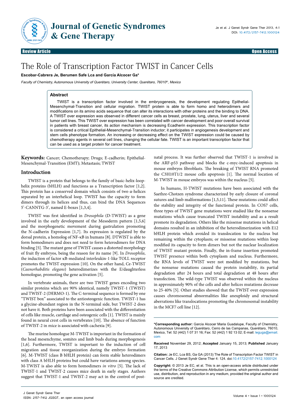 The Role of Transcription Factor TWIST in Cancer Cells