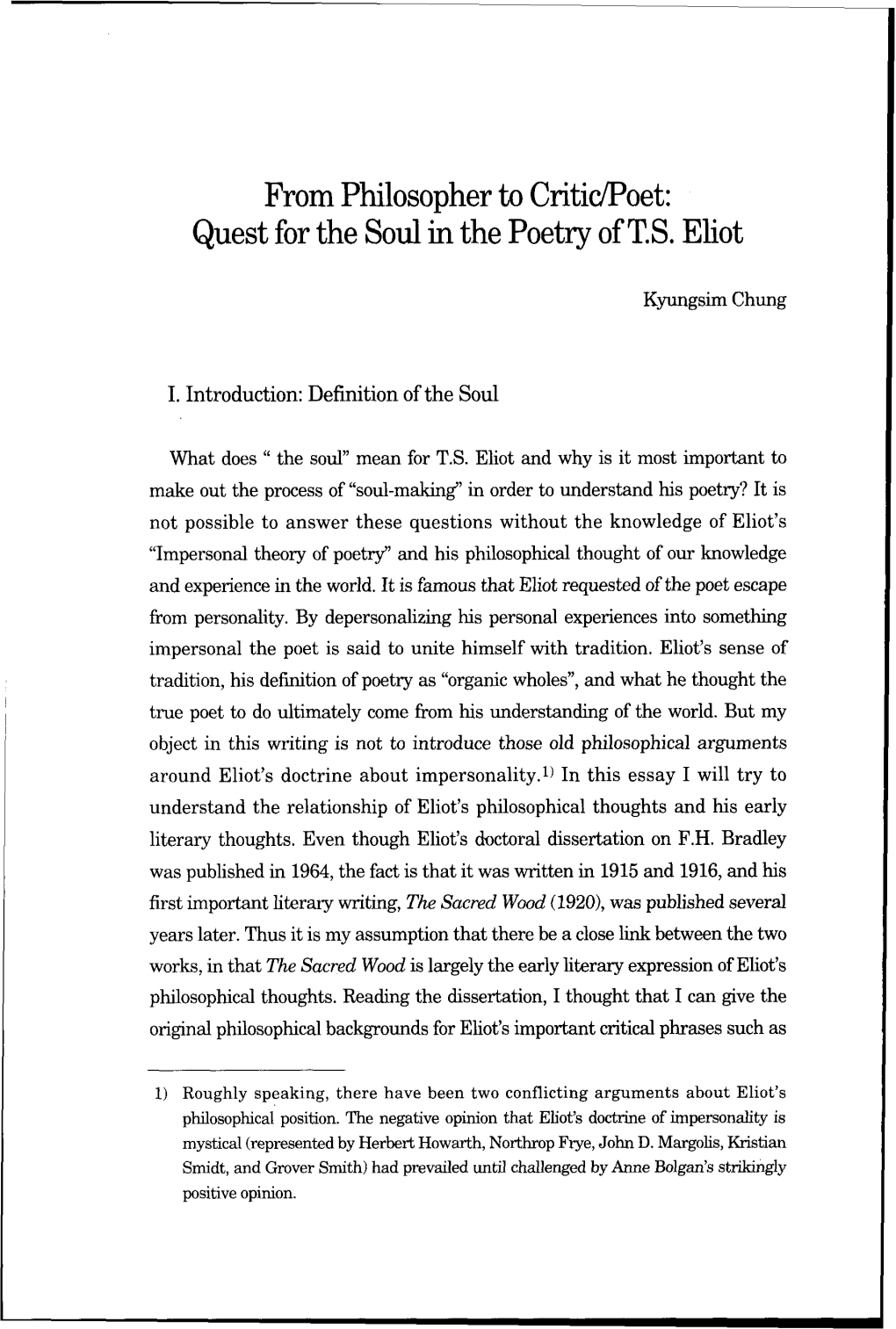 From Philosopher to Criticipoet: Quest for the Soul in the Poetry of T.S. Eliot