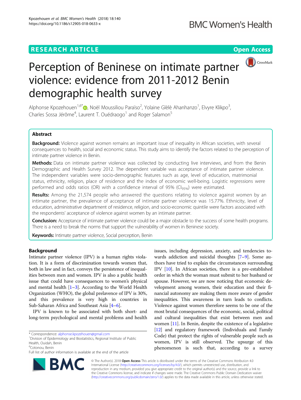 Perception of Beninese on Intimate Partner Violence: Evidence from 2011-2012 Benin Demographic Health Survey