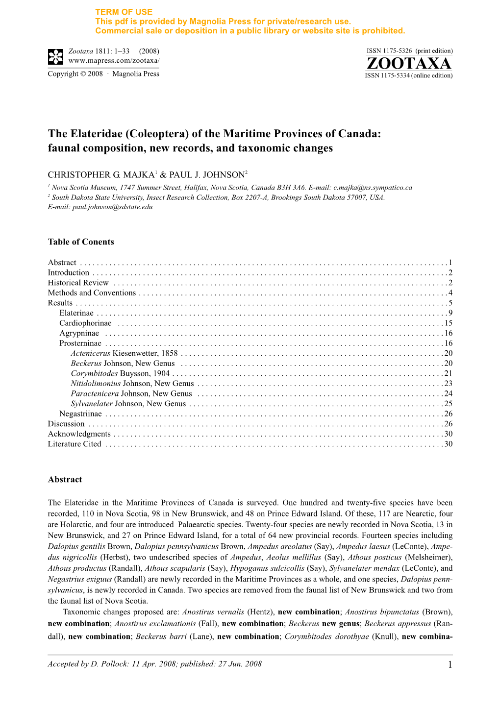 Zootaxa, the Elateridae (Coleoptera) of the Maritime Provinces of Canada