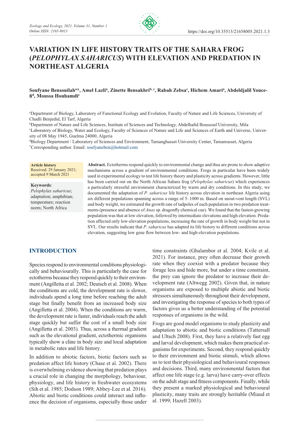 Variation in Life History Traits of the Sahara Frog (Pelophylax Saharicus) with Elevation and Predation in Northeast Algeria