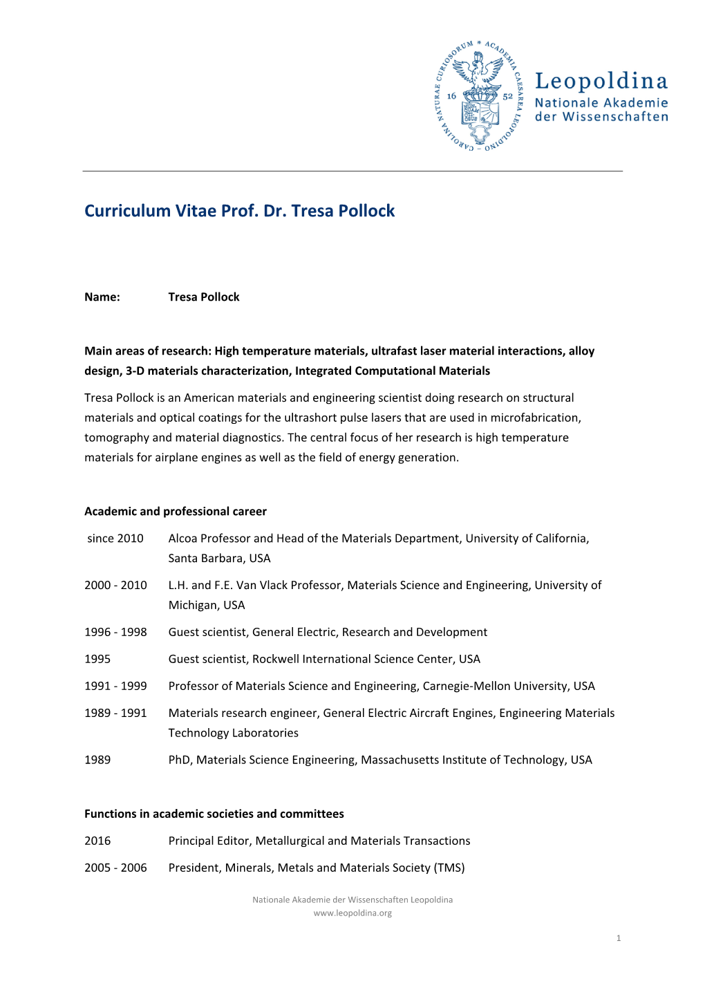 Curriculum Vitae Prof. Dr. Tresa Pollock