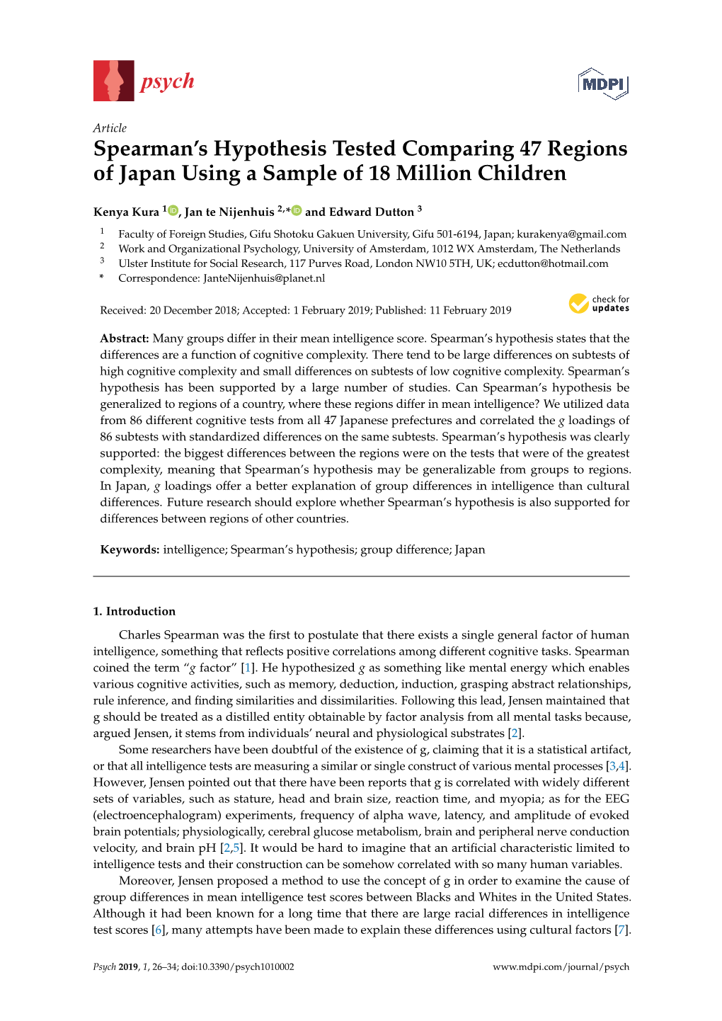 Spearman's Hypothesis Tested Comparing 47 Regions of Japan