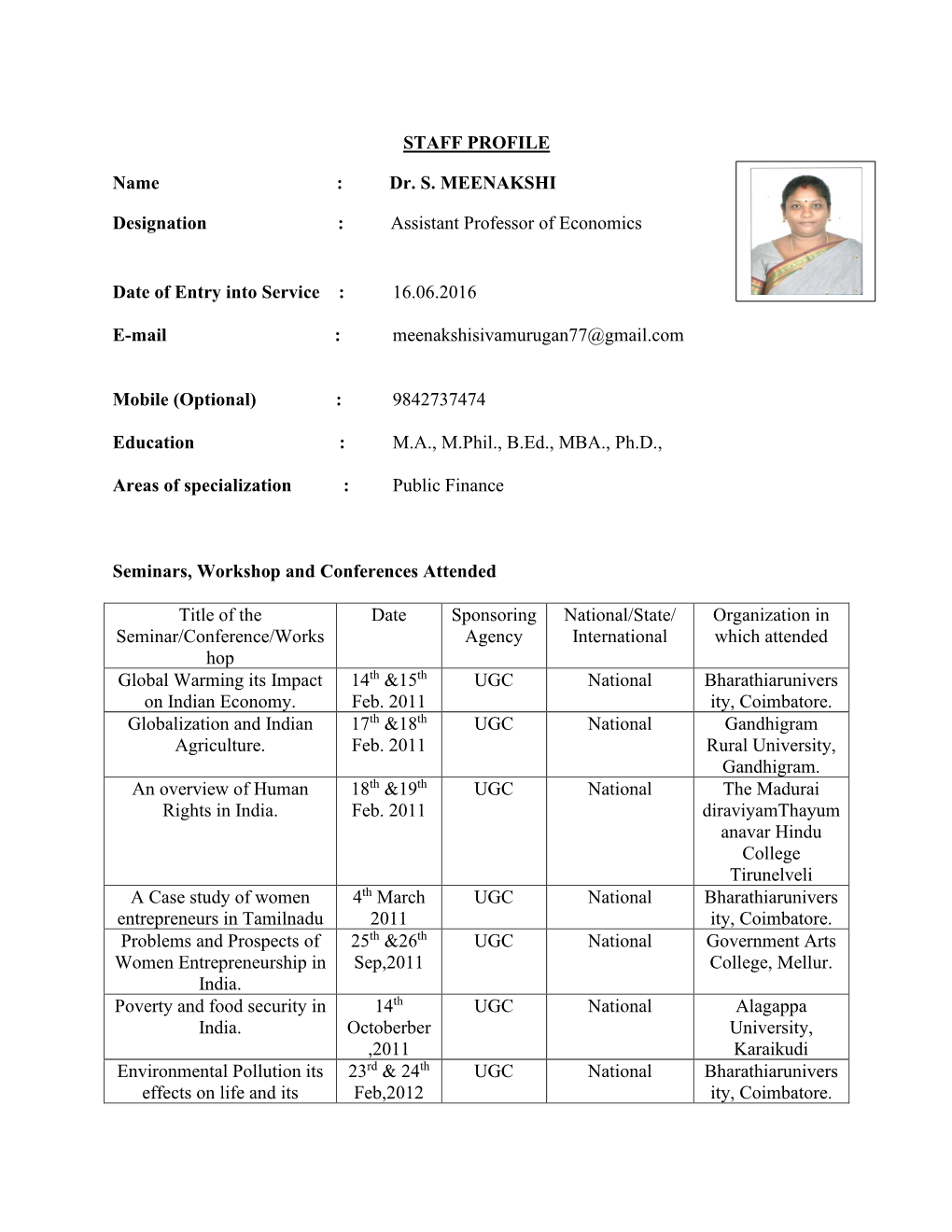 STAFF PROFILE Name : Dr. S. MEENAKSHI