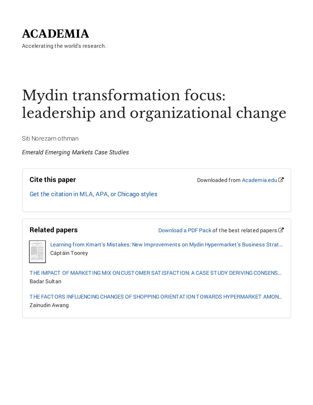 Mydin Transformation Focus: Leadership and Organizational Change