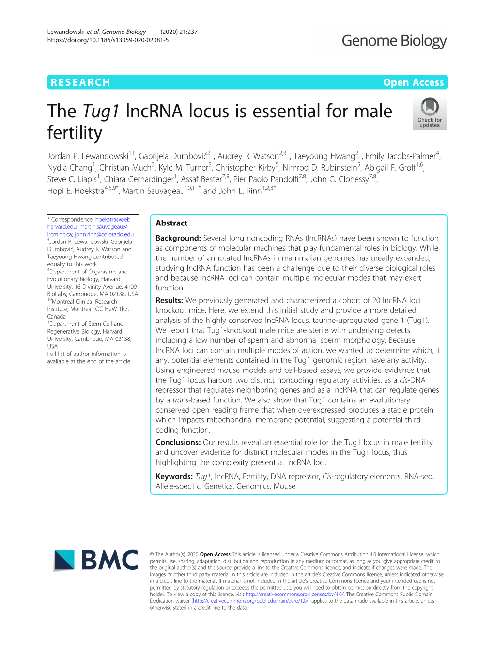 The Tug1 Lncrna Locus Is Essential for Male Fertility Jordan P